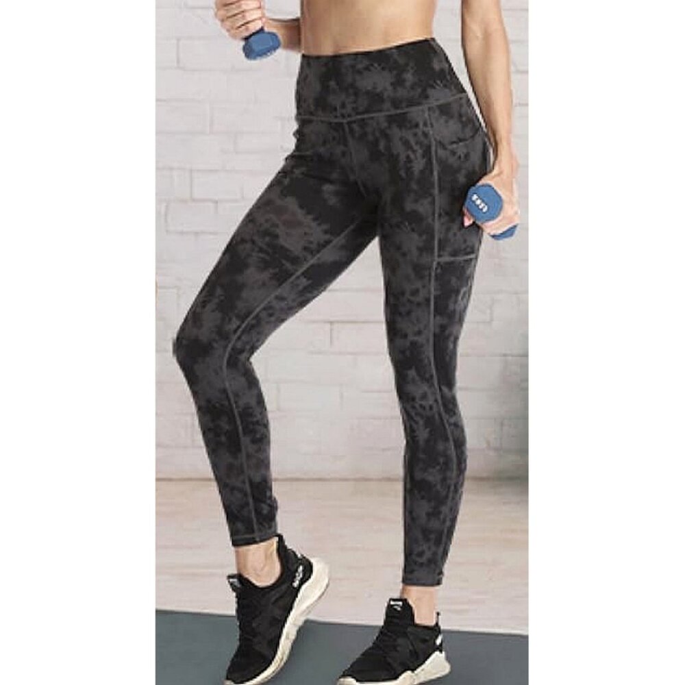 Raypose High-Waist Legging Pockets Black Ink Print Hi-Rise Running Tights Skinny